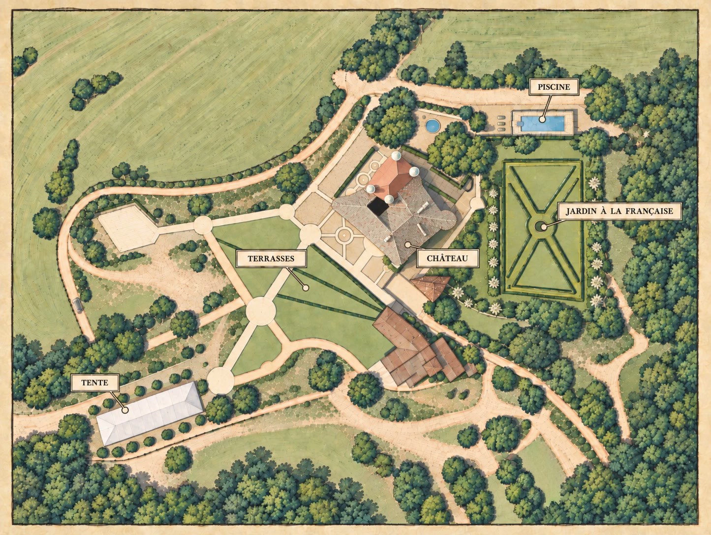 Plan illustré du domaine : le château, les terrasses, la tente de réception, le jardin à la française et la piscine