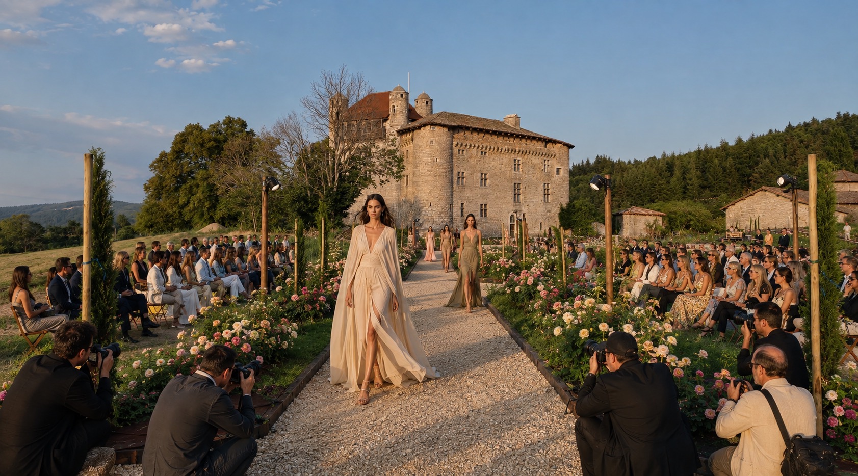 Défilé de mode dans les jardins en terrasses, le château en toile de fond