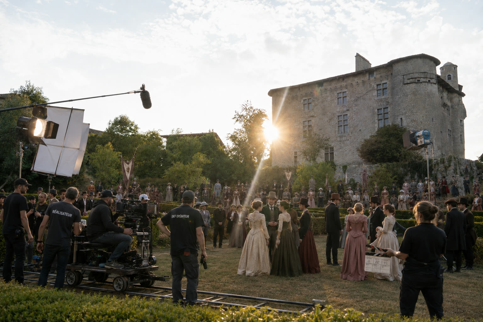 Tournage en costumes d'époque dans les jardins du château